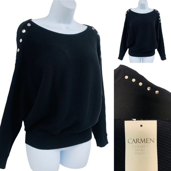 Carmen Marc Valvo Sweaters - Carmen Marco Valvo Ribbed Dolman Sleeve Silver Hardware Pullover Sweater